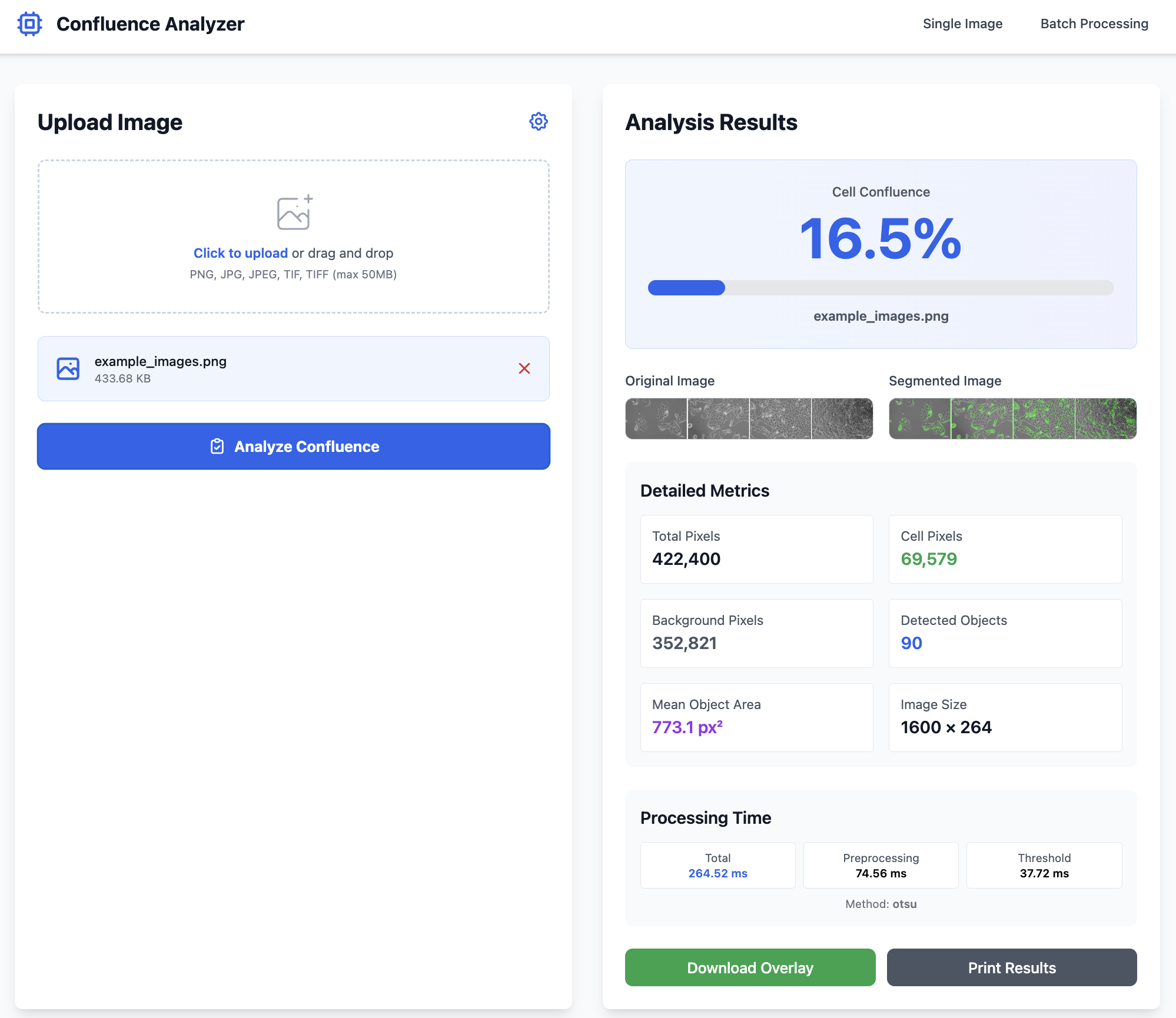 Analysis results with confluence overlay